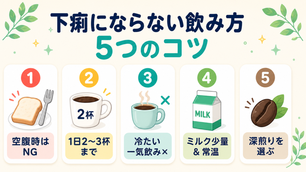 下痢にならないコーヒーの飲み方5つのコツを示すインフォグラフィック