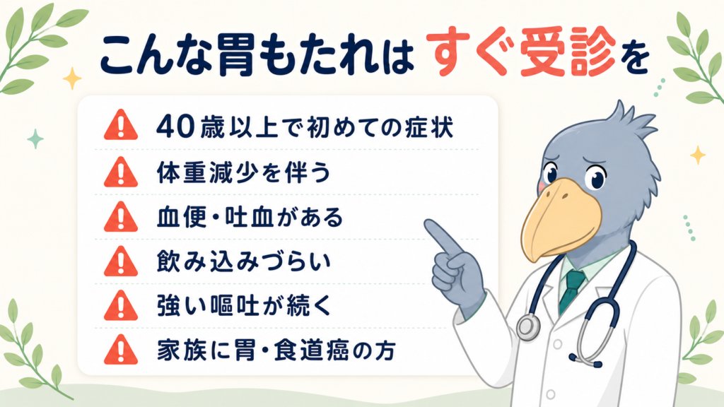機能性ディスペプシアの警告徴候(受診すべきサイン)のチェックリストとハシビロコウ医師の図