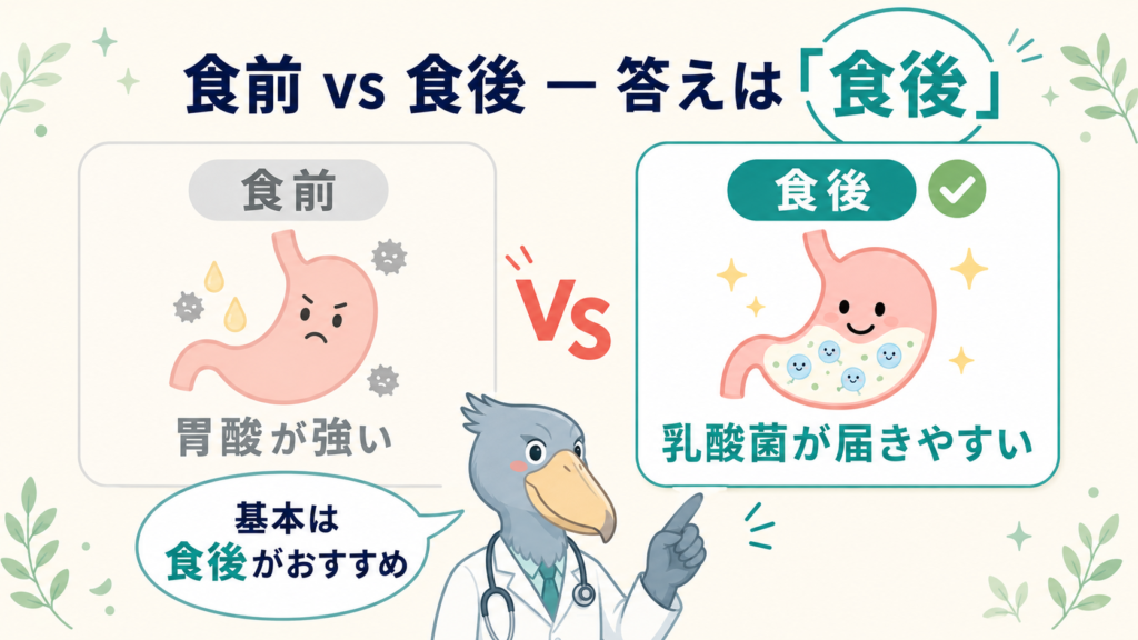 食前と食後どちらにヨーグルトを食べるべきか、ハシビロコウの医師が食後を推奨するイラスト