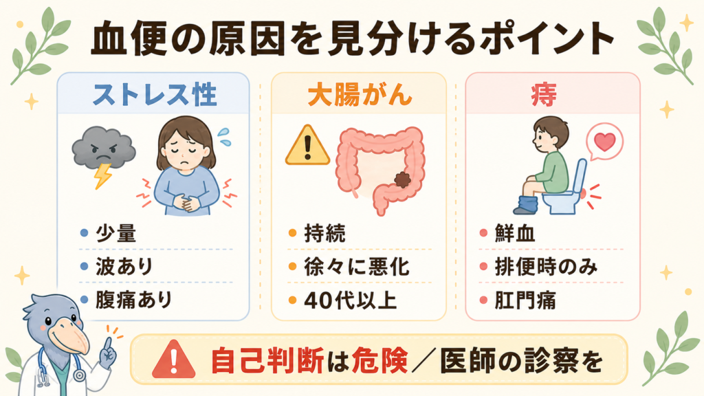 ストレス性血便・大腸がん・痔の見分け方を3列で比較した図表