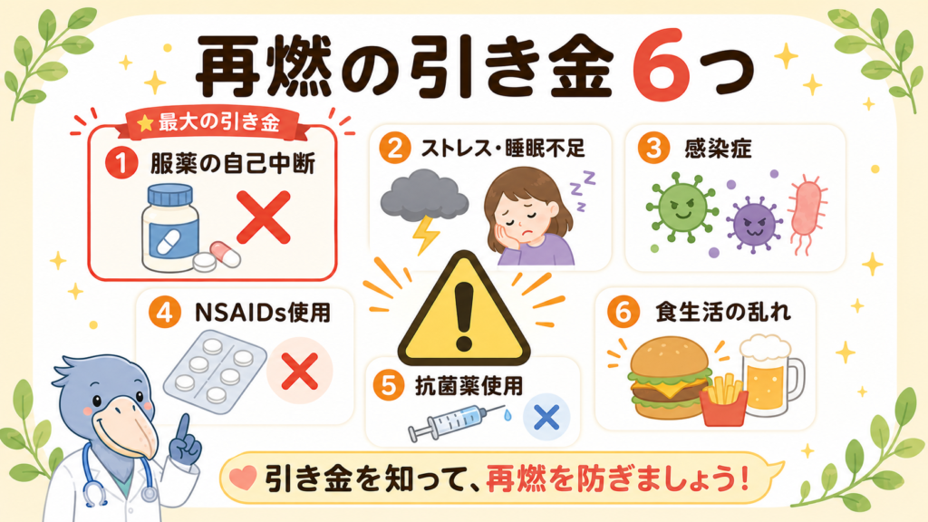 潰瘍性大腸炎の再燃の引き金になる6つの要因（服薬中断・ストレス・感染・NSAIDs・抗菌薬・食生活）