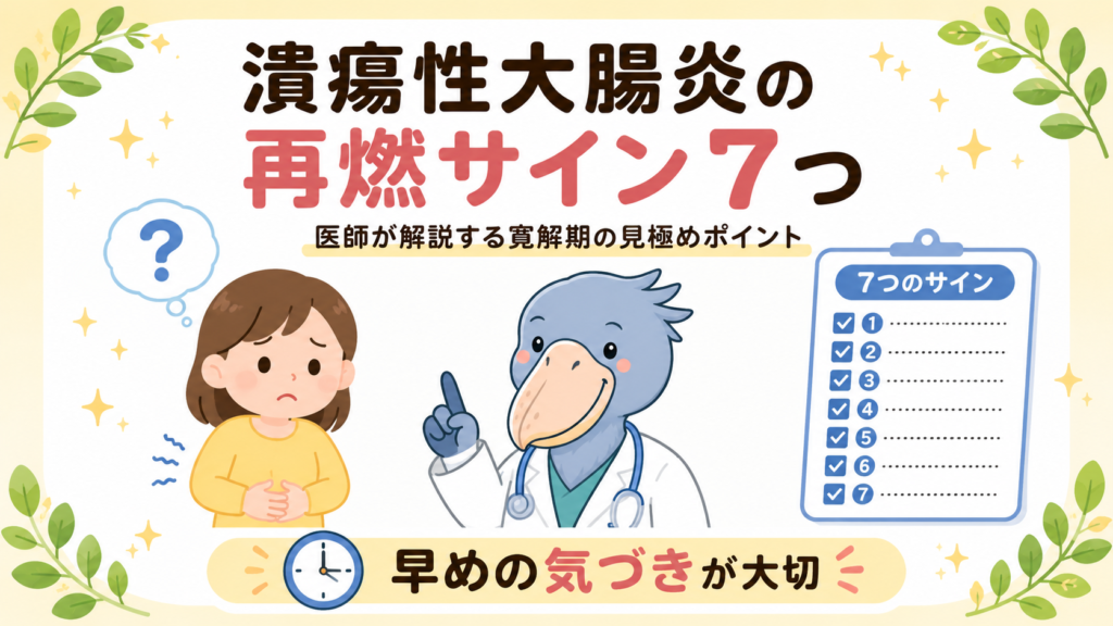 潰瘍性大腸炎（UC）の再燃サイン7つを消化器内科医のキャラクターが解説するアイキャッチ画像