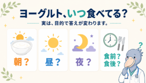 「ヨーグルトはいつ食べると効果的か」を問いかけるアイキャッチ画像。朝・昼・夜・食前/食後の4つの選択肢をカード形式で並べ、消化器内科医のキャラクターが目的別の正解を解説する記事への導入を表現。