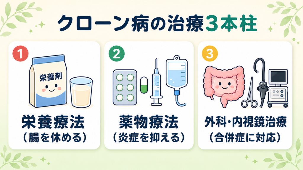 クローン病の治療3本柱を示す図。腸を休める栄養療法、炎症を抑える薬物療法、合併症に対応する外科・内視鏡治療を表す。