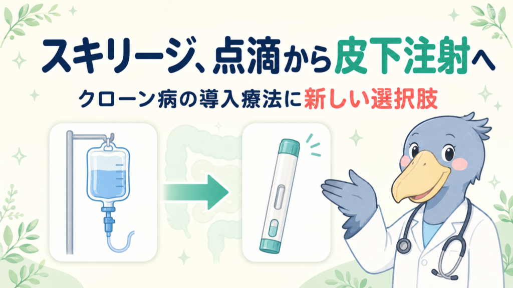 スキリージ（リサンキズマブ）がクローン病の導入療法で点滴から皮下注射へ広がることを表すアイキャッチ画像