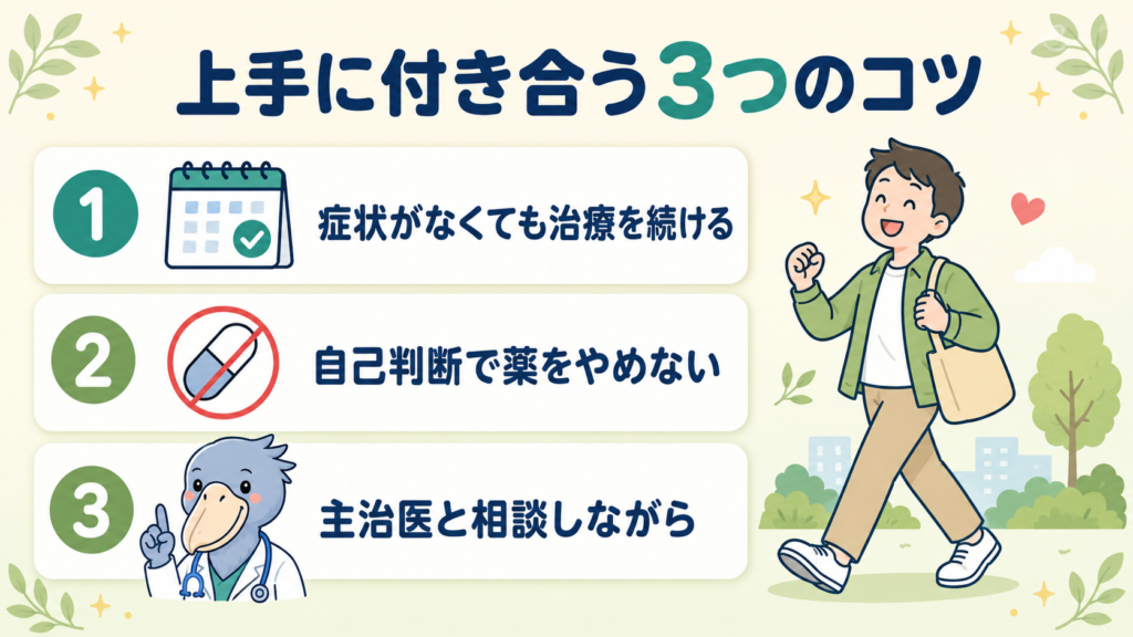 クローン病と上手に付き合う3つのコツを示す図。治療を続ける・自己判断で薬をやめない・主治医と相談することを表す。
