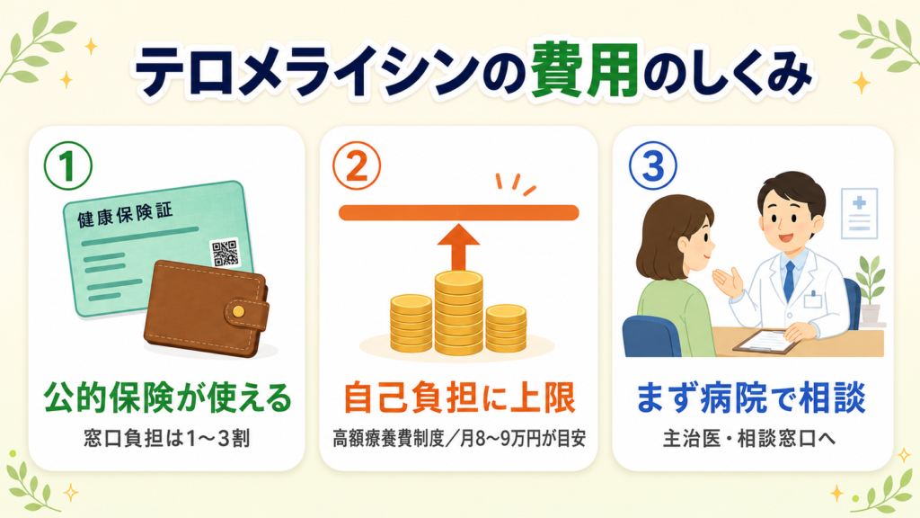 テロメライシンの費用のしくみを示す図。①公的保険が使え窓口負担は1〜3割、②高額療養費制度で自己負担に上限があり月8〜9万円が目安、③実際の費用は主治医や病院の相談窓口に相談、の3つのポイントを解説。