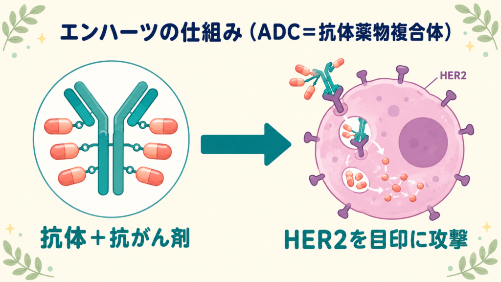 エンハーツ（抗体薬物複合体ADC）の仕組みの図。抗体に抗がん剤が結合し、がん細胞表面のHER2を目印に結合して抗がん剤を放出するようすを示す。