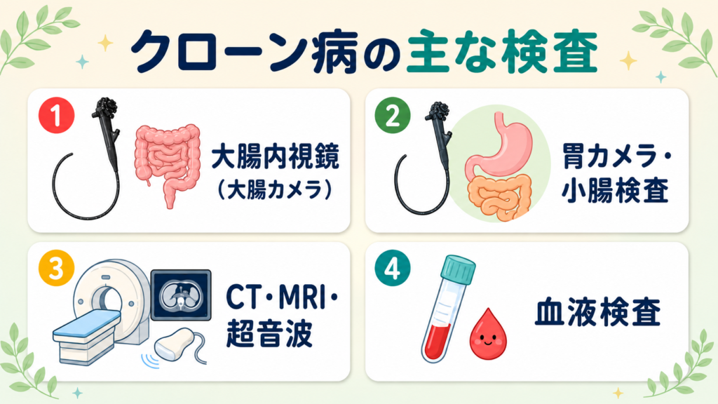 クローン病の主な検査を示す図。大腸カメラ、胃カメラ・小腸検査、CT・MRI・超音波、血液検査の4つを表す。