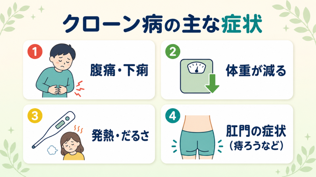 クローン病の主な症状を示す図。腹痛・下痢、体重減少、発熱やだるさ、痔ろうなどの肛門症状の4つを表す。