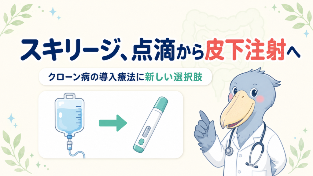 スキリージ（リサンキズマブ）がクローン病の導入療法で点滴から皮下注射へ広がることを表すアイキャッチ画像