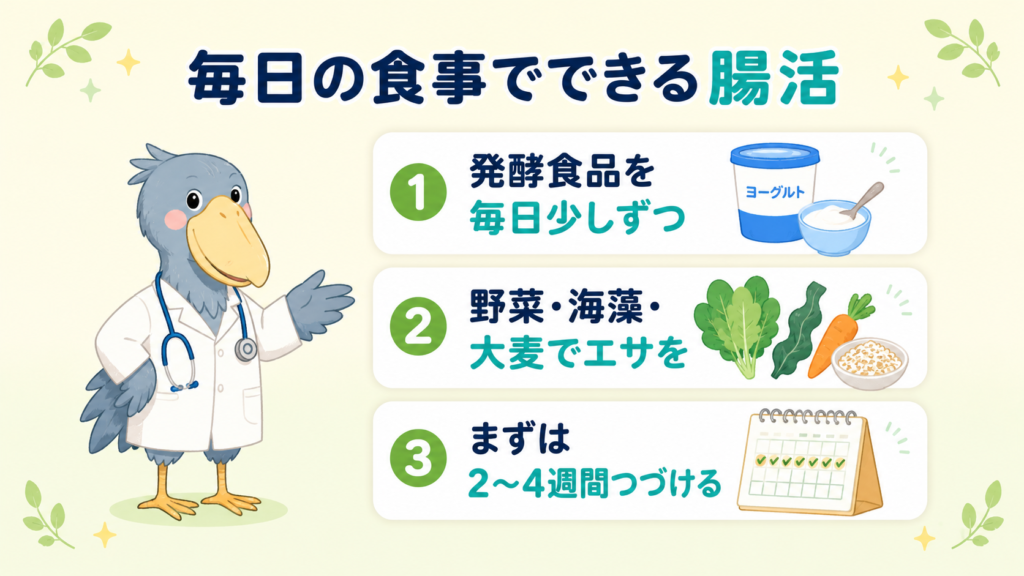 ハシビロコウの医師が毎日の食事で菌とエサをとる腸活の実践ポイントを案内する図