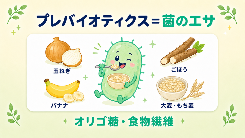 プレバイオティクスは善玉菌のエサになるオリゴ糖や食物繊維（玉ねぎ・ごぼう・バナナ・大麦）であることを示した図