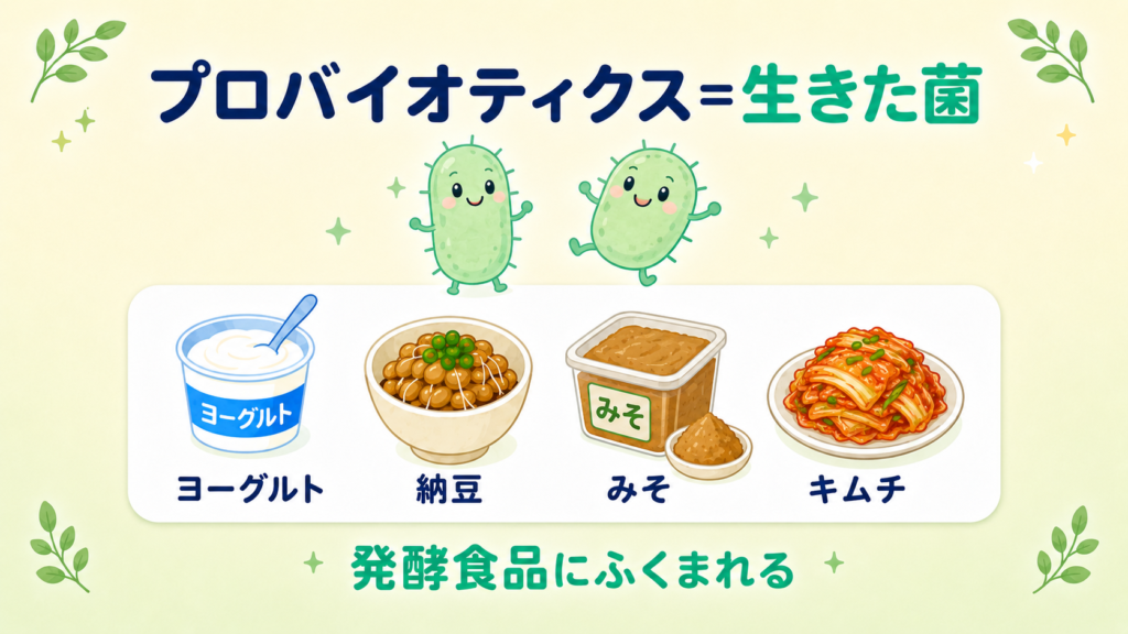 プロバイオティクスは発酵食品に含まれる生きた菌であることを示した図（ヨーグルト・納豆・みそ・キムチ）