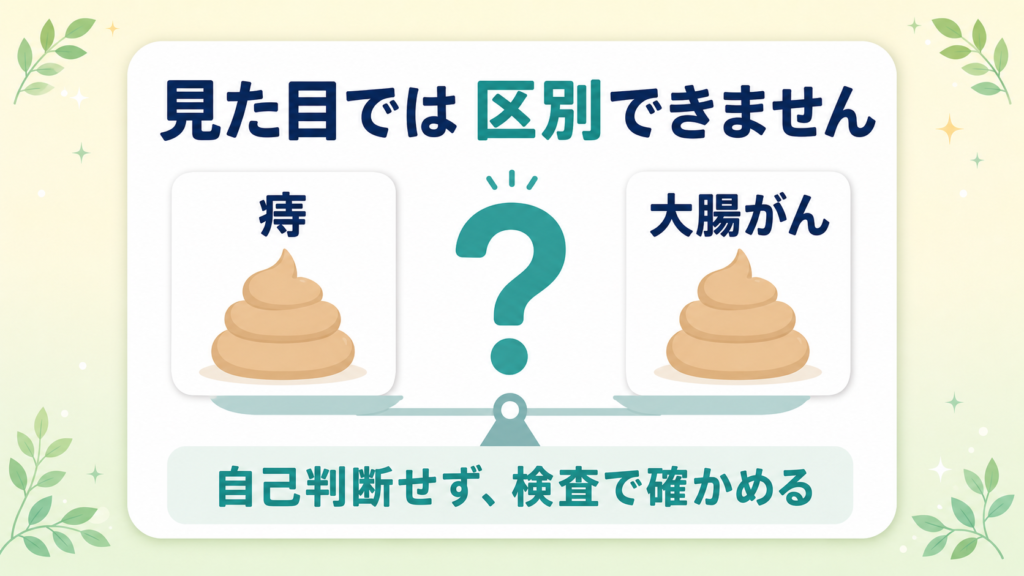 便が細い・血便は見た目では痔と大腸がんを区別できず、自己判断が危険なことを示した図