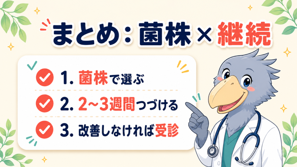 まとめの図。菌株で選び2〜3週間続け、改善しなければ受診することを、ハシビロコウの医師キャラクターがチェックリストで伝えるイラスト