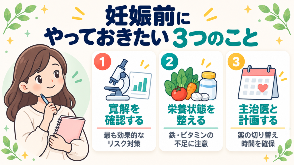 IBDのプレコンセプションケアとして妊娠前にやっておきたい3つのこと。寛解の確認、栄養状態の調整、主治医との計画