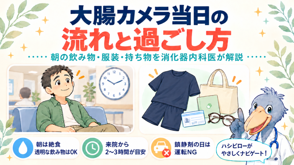 大腸カメラ当日の流れと過ごし方｜朝の飲み物・服装・持ち物を消化器内科医が解説