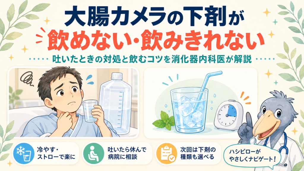 大腸カメラの下剤が飲めない・飲みきれないときの対処と飲むコツを消化器内科医が解説する記事のアイキャッチ画像