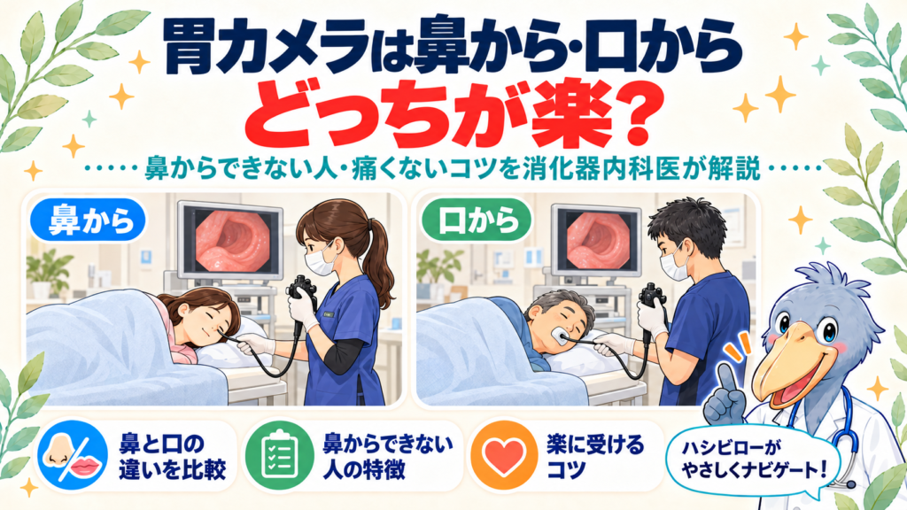 胃カメラは鼻から・口からどっちが楽？左側臥位で経鼻・経口内視鏡検査を受ける患者のイラスト