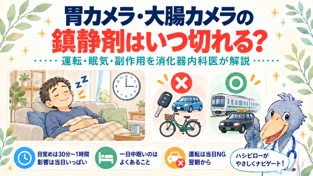 胃カメラ・大腸カメラの鎮静剤はいつ切れる？運転・眠気・副作用を消化器内科医が解説